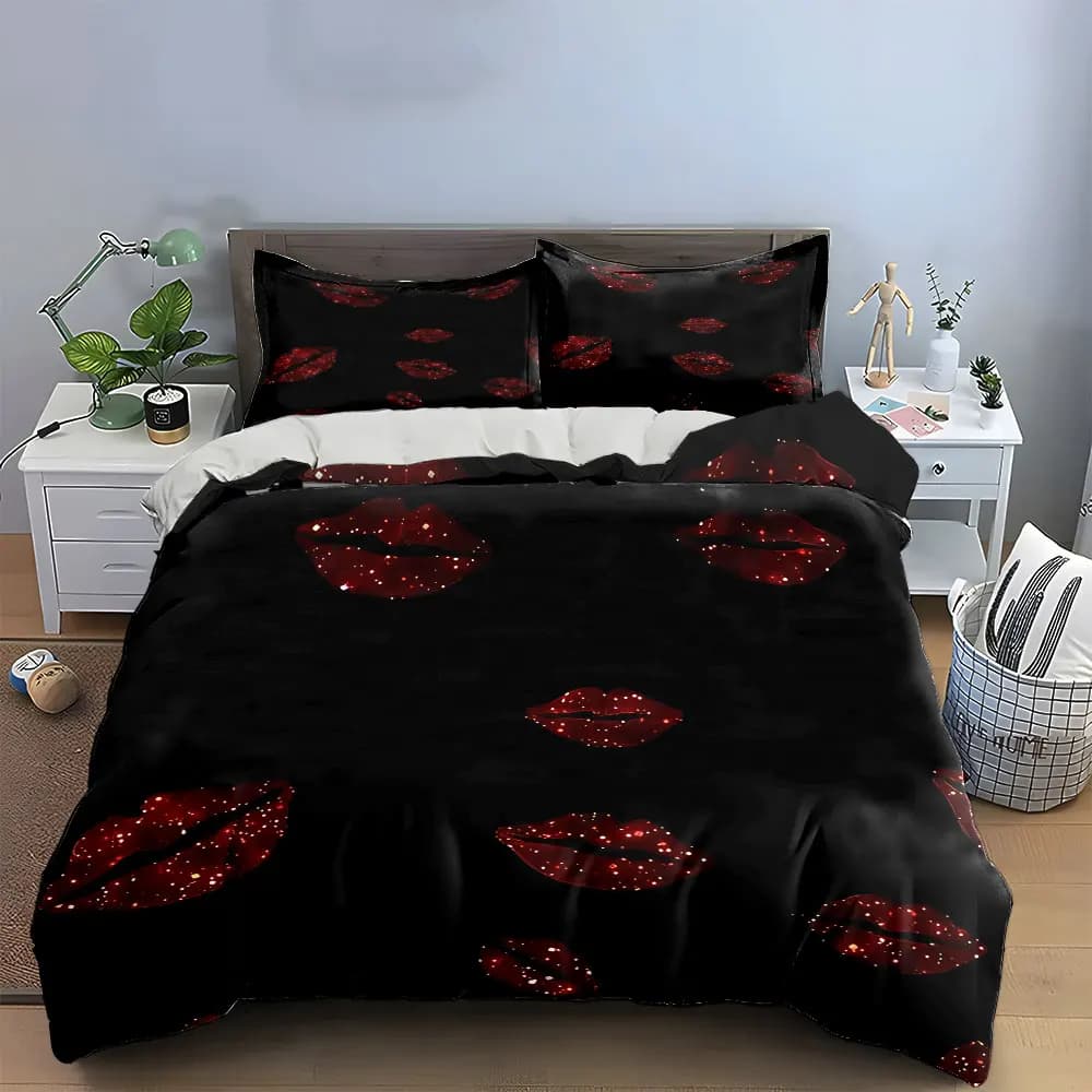 Set di biancheria da letto Sparkling Lips Artwork Set Decor con 1 copripiumino, 2 federe, singolo, matrimoniale, king, queen, regalo