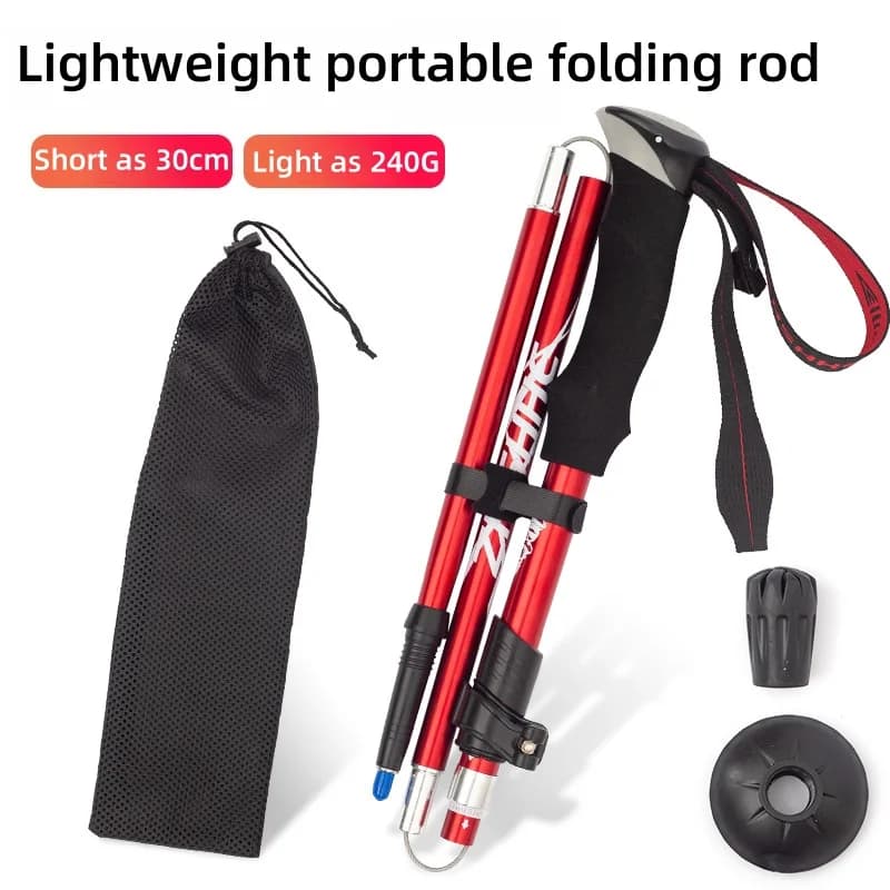 Foldable trekking pole made of ultralight and ultra short aluminium alloy, extendable, 5 sections, for outdoor excursions.