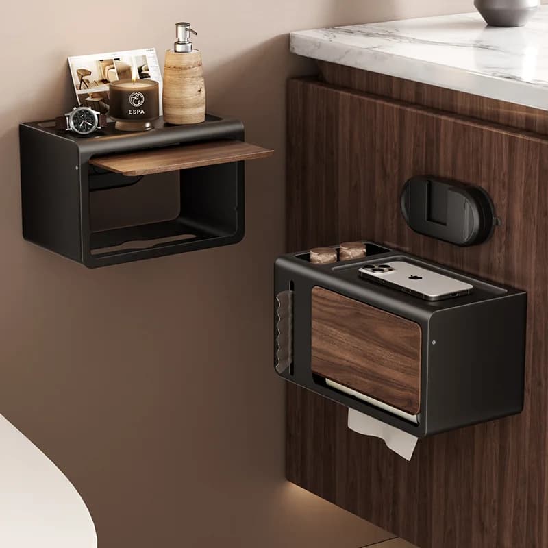Suction Cup Toilet Paper Holder No Drill Wall Mount Walnut Wood Toilet Roll Holder Tissue Holder with Storage Rack
