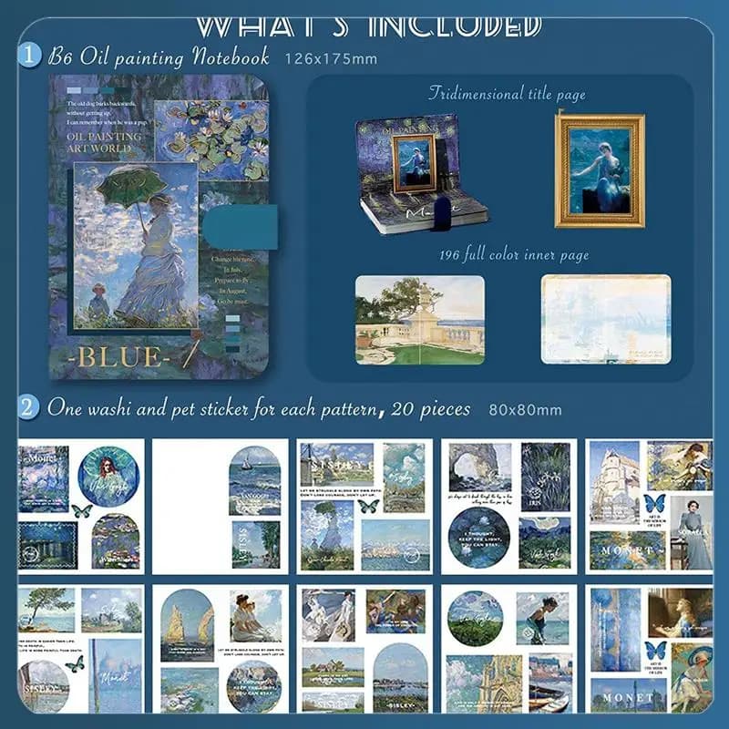 AB02 Aesthetic Scrapbook Journaling Kit,Vintage Oil Painting B6 Notebook Scrapbooking Supplies Art Stickers