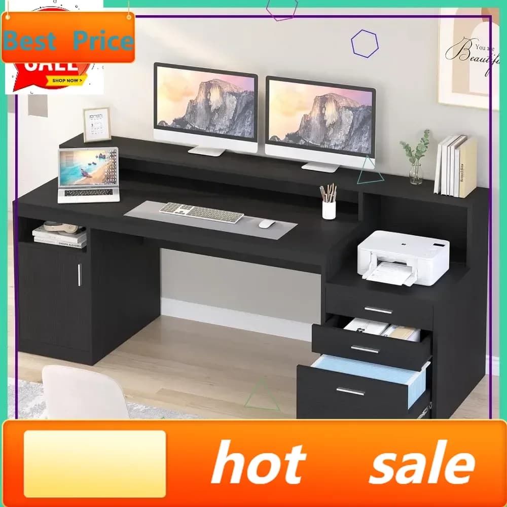 Computer Desk with 3 Drawers, Storage Pads, Cabinet and Monitor Support - Black Desk for Home Office - Imperdible Offer