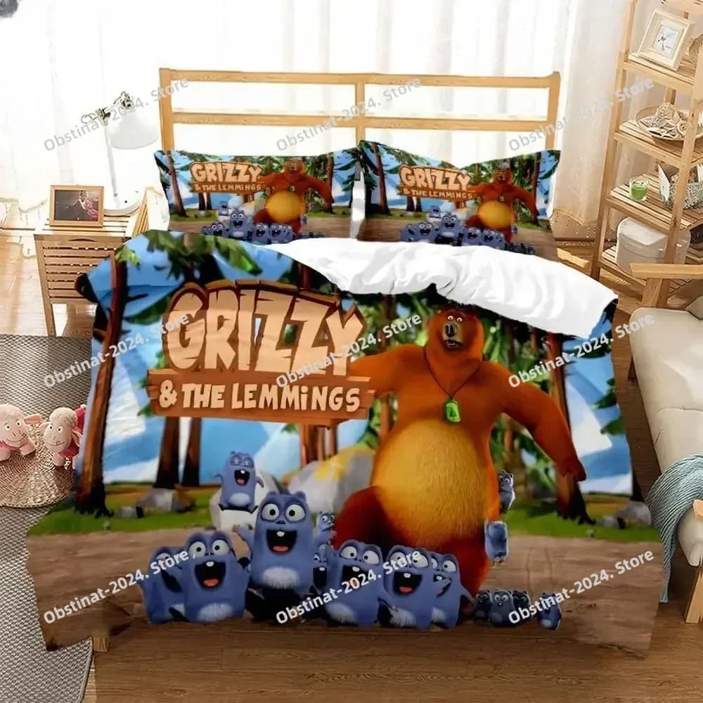 Grizzly & The Lemmings Cartoon Anime Set biancheria da letto Stampa con federa Copripiumino morbido singolo matrimoniale Queen Super King Size