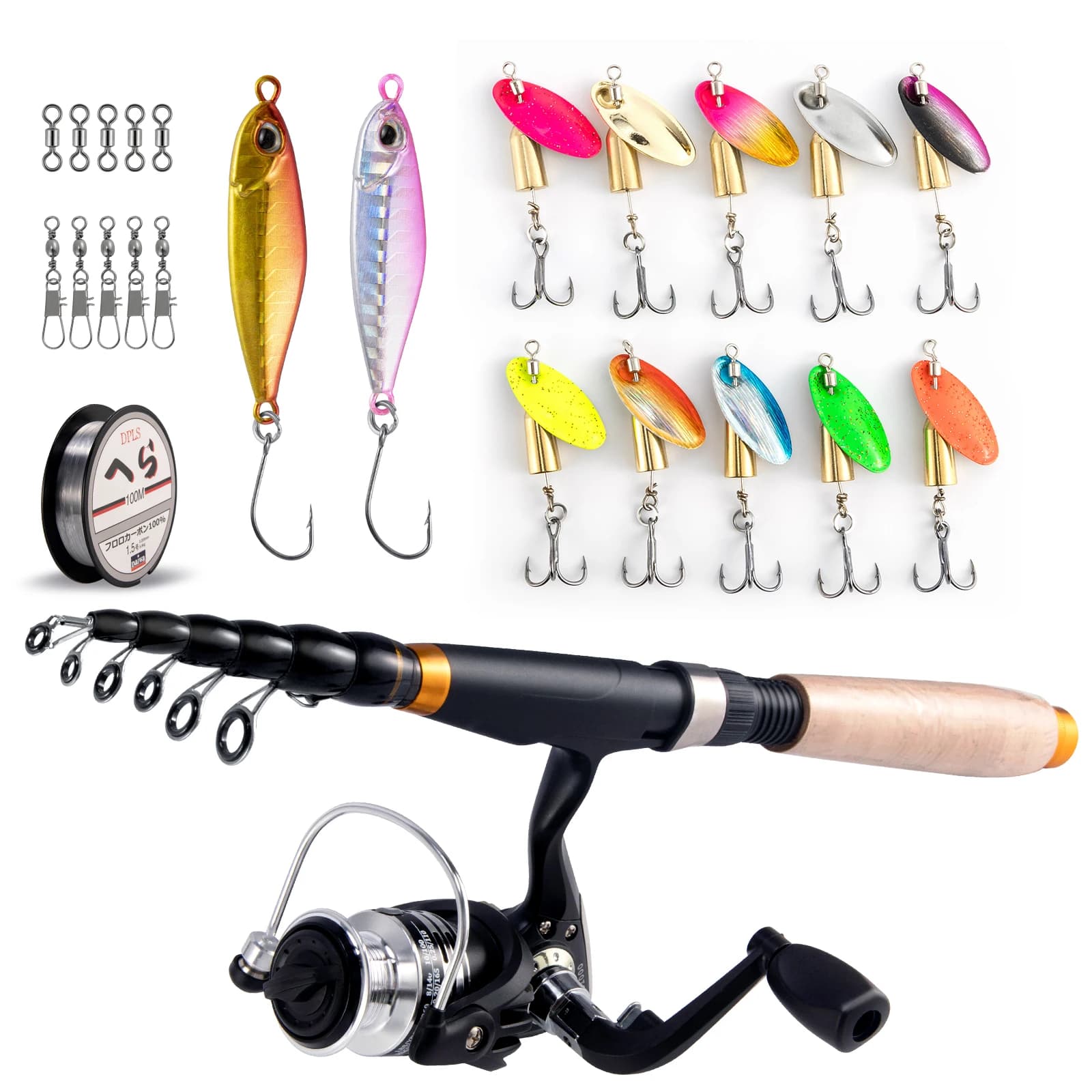 Kit Completo Canna da Pesca e Mulinello, Canna Telescopica 1.8m/2.1m con Mulinello Spinning, Esca Metallica per la Pesca alla Trota
