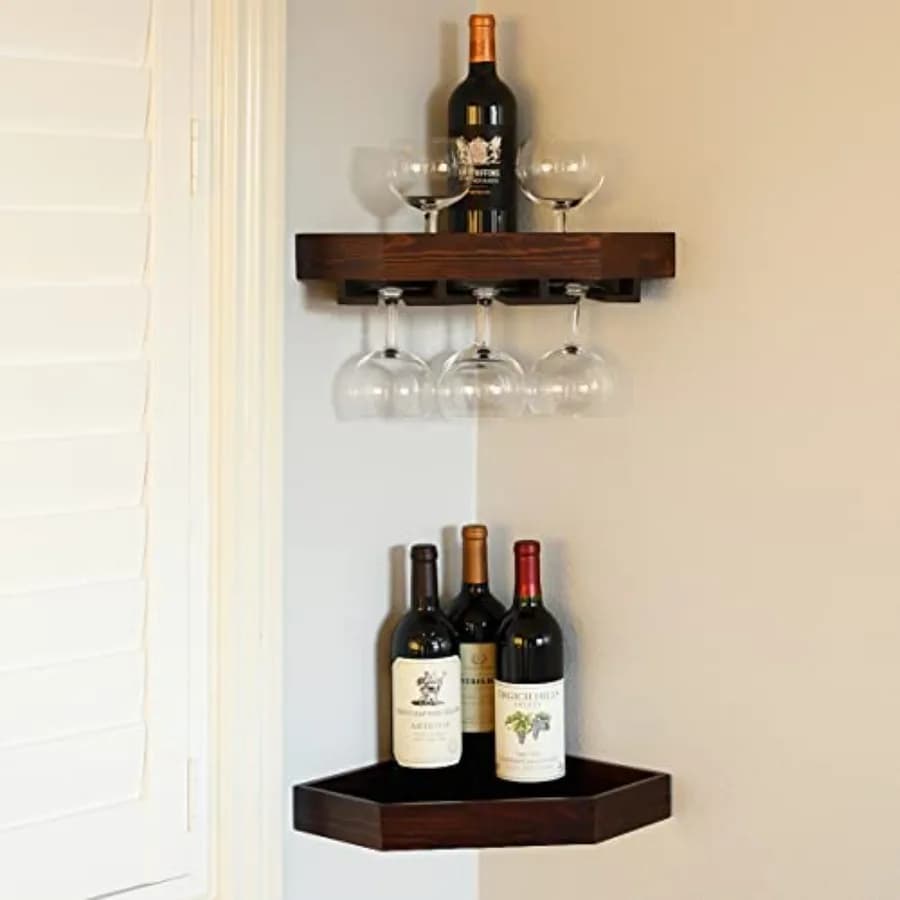 Portabottiglie da Parete Angolare - Set di 2 Portabottiglie Angolari Rustici in Legno con Supporto per 6-7 Bicchieri