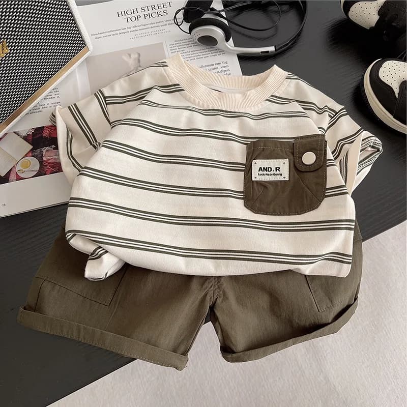 Nuovo Completo Estivo per Bambini: T-Shirt a Maniche Corte e Pantaloncini, Set 2 Pezzi, Costume Casual a Righe per Bambini
