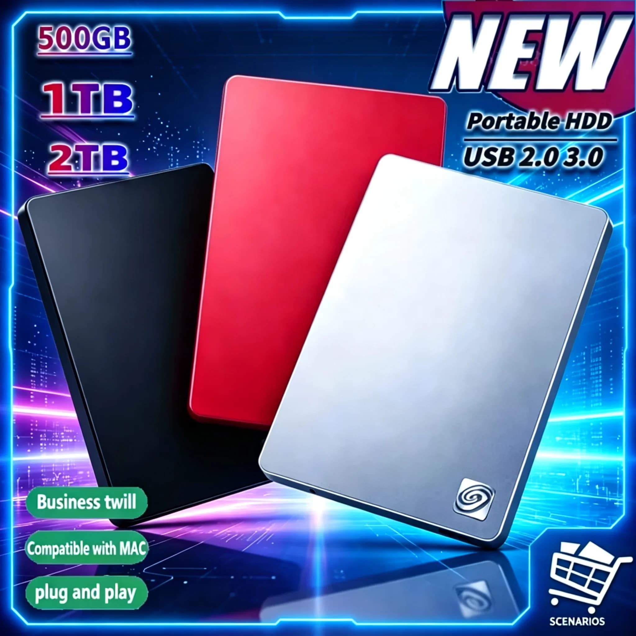 Ultra Thin 2.5 Inch USB3.0 Portable External HDD, 1TB 2TB High Speed Expansion Hard Disk for PC Laptop Data Backup