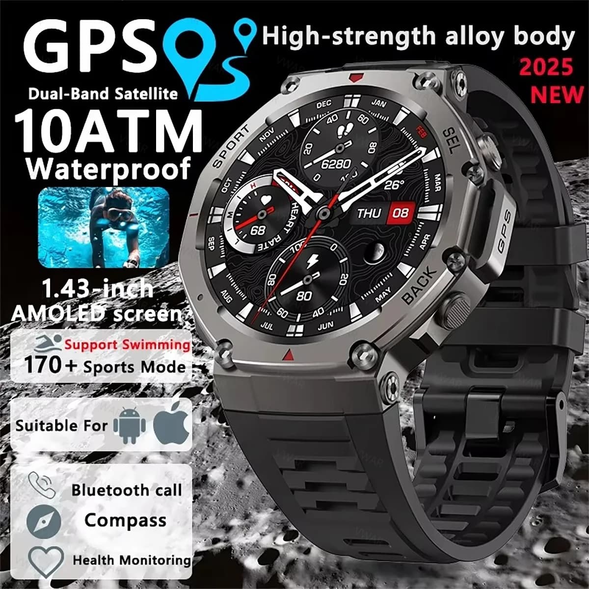 VWAR T-Rex 3 GPS Watch Smart 10 ATM Waterproof Built-in Dual-band GNSS Military compass Sports Smartwatch Men 2025 New For Xiaomi