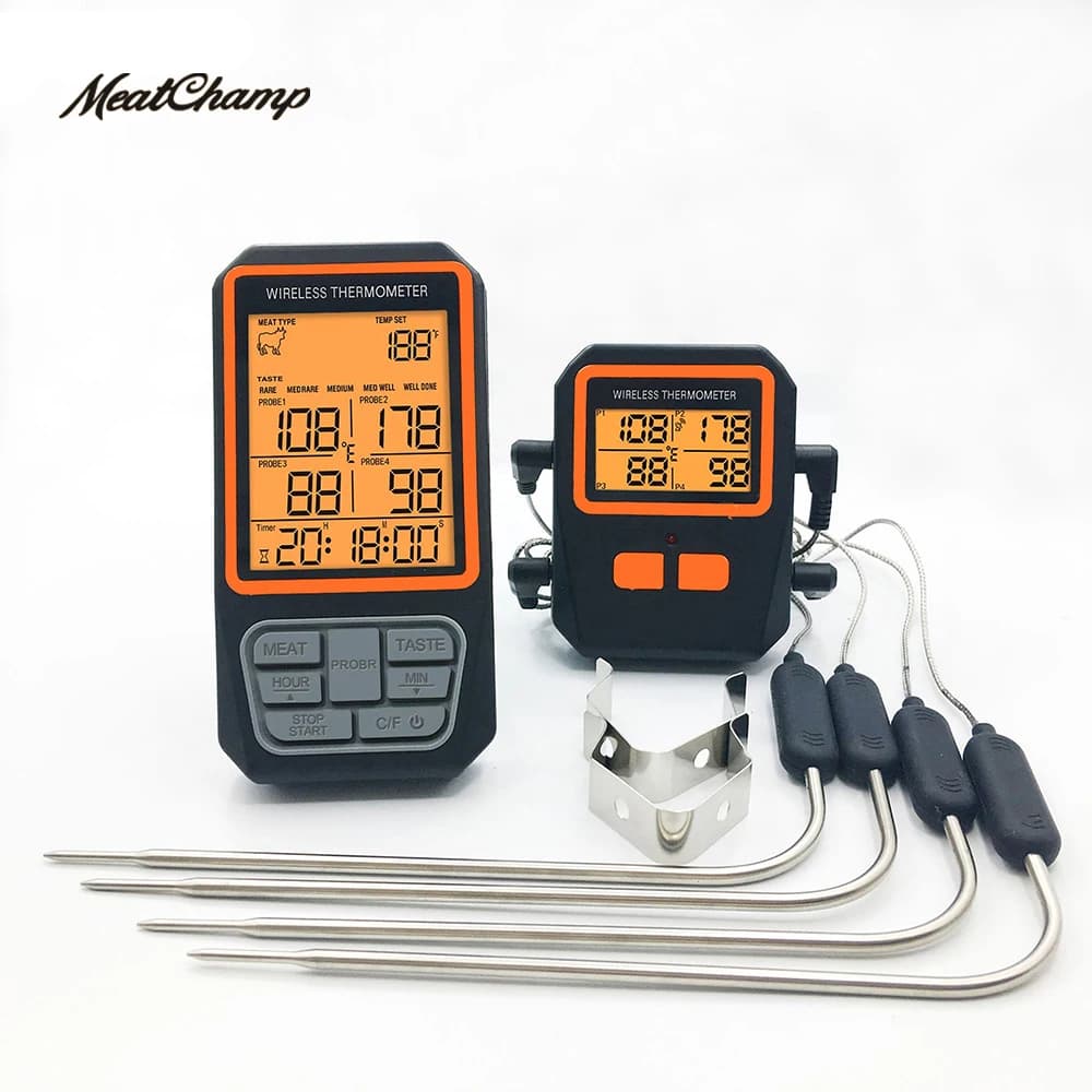 MeatChamp 4 sonde Display LCD retroilluminato Portata wireless 100M Cucina digitale Cottura BBQ Forno Termometro per carne con allarme