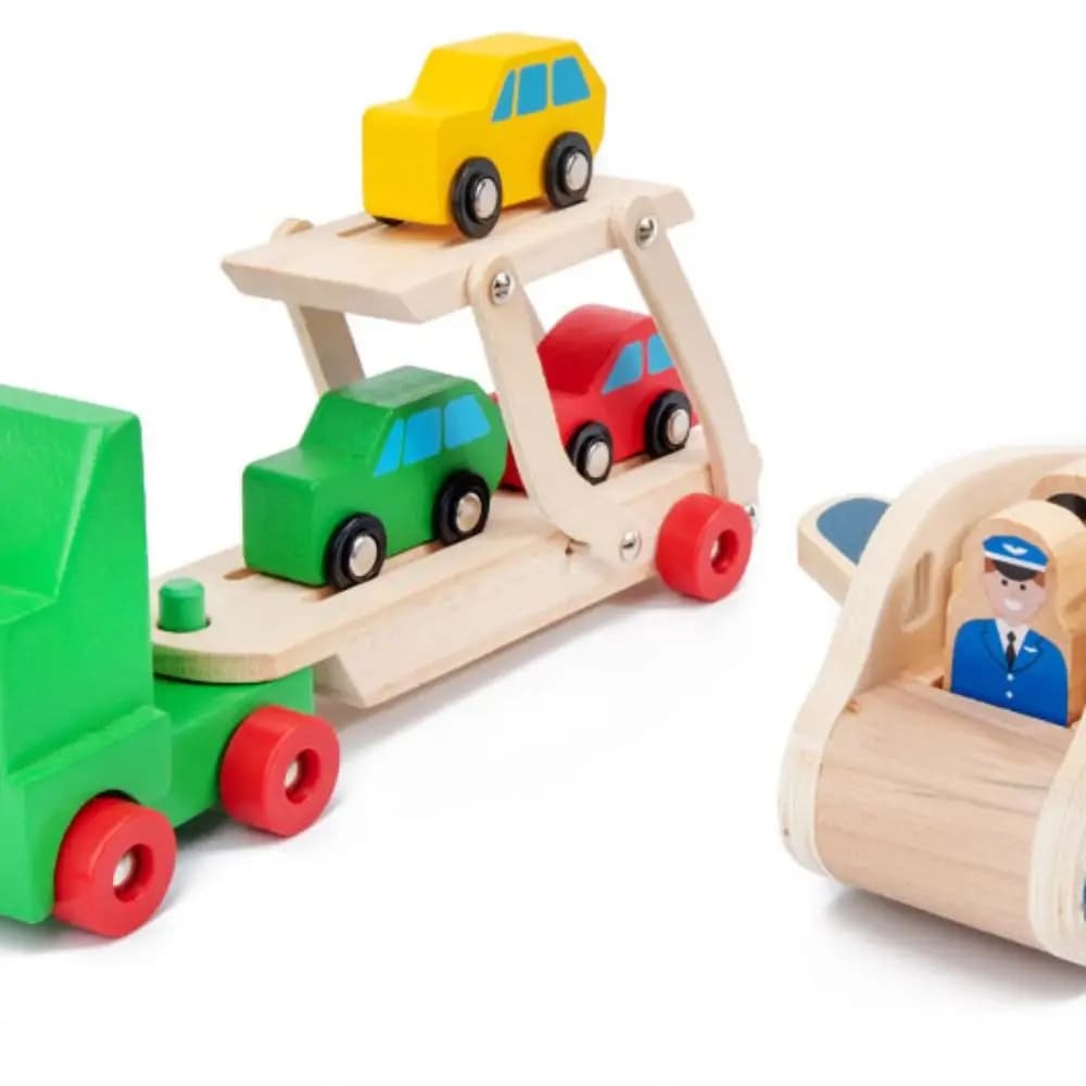Set di Blocchi di Costruzione in Legno: Aereo Passeggeri con Rimorchio a Doppio Strato, Modello Interattivo per Bambini