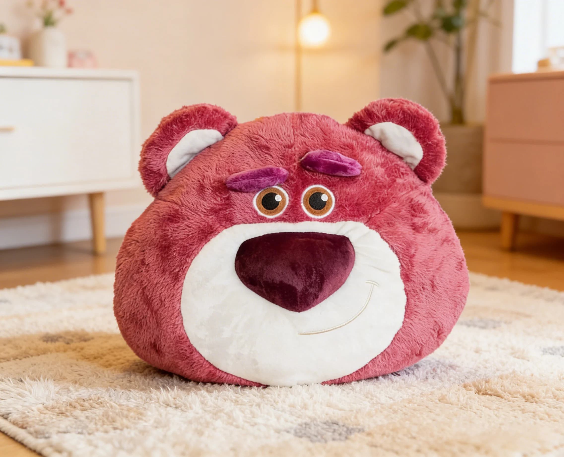 Cuscino per schienale in peluche ufficiale Disney Lotso Strawberry Bear, carino e morbido cuscino di supporto lombare per decorazioni per la casa, regalo di compleanno per bambini