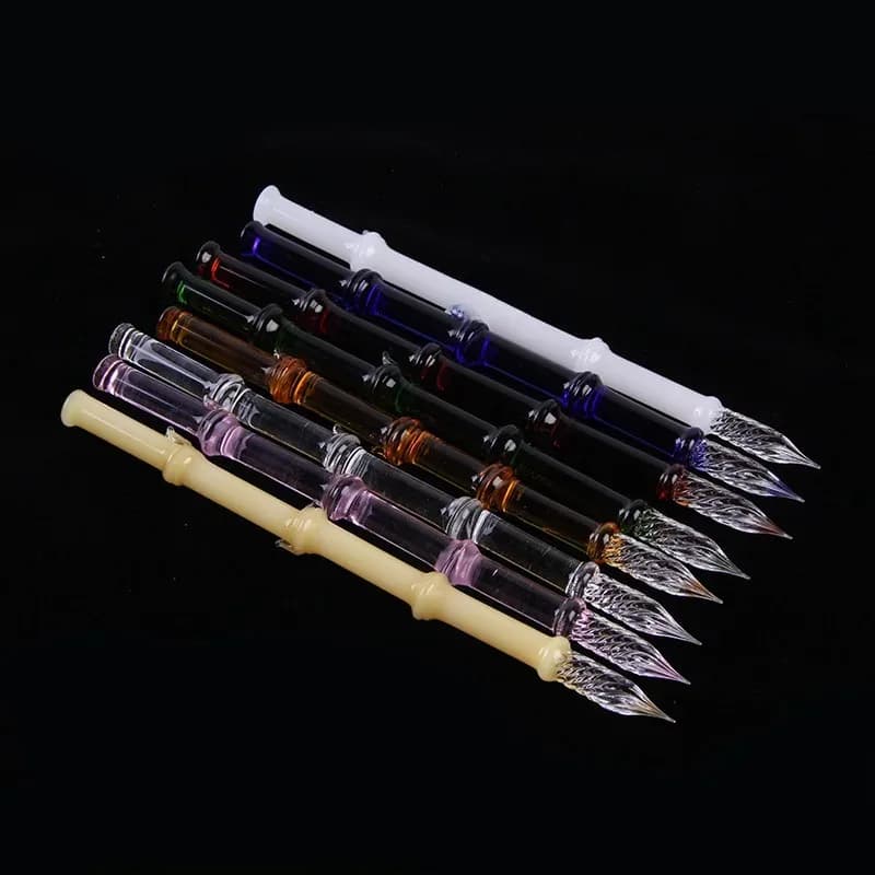 Bamboo Glass Dip Pen with Artistic Colored Ink Calligraphy Crystal Signature Pen for Drawing Writing Office School Supplies