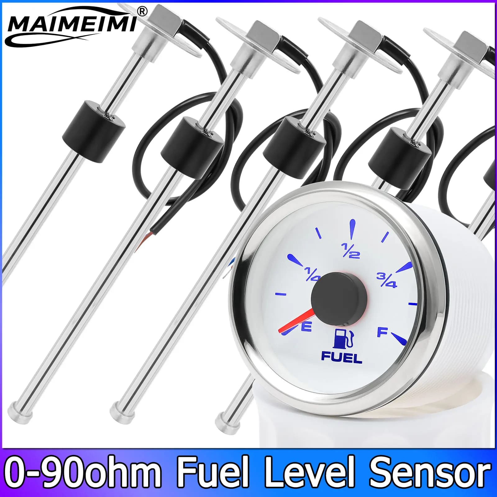 52mm 0-90ohm Fuel Level Meter Boat Car Oil Level Gauge 8 Color Light 12V Fuel Sensor Sender Unit 175mm 200mm 250mm 300mm 350mm