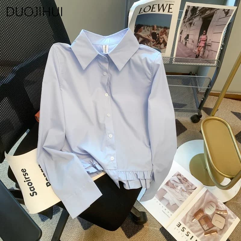 DUOJIHUI camicia da donna a maniche lunghe di base arruffata Chicly blu francese elegante da ufficio moda donna tinta unita camicie femminili semplici