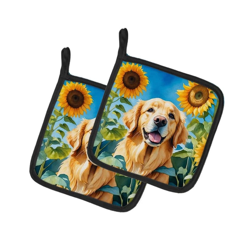 Set of Golden Retriever 2-piece sunflower pads: heat-resistant caps and non-slip durable oven mats for the kitchen