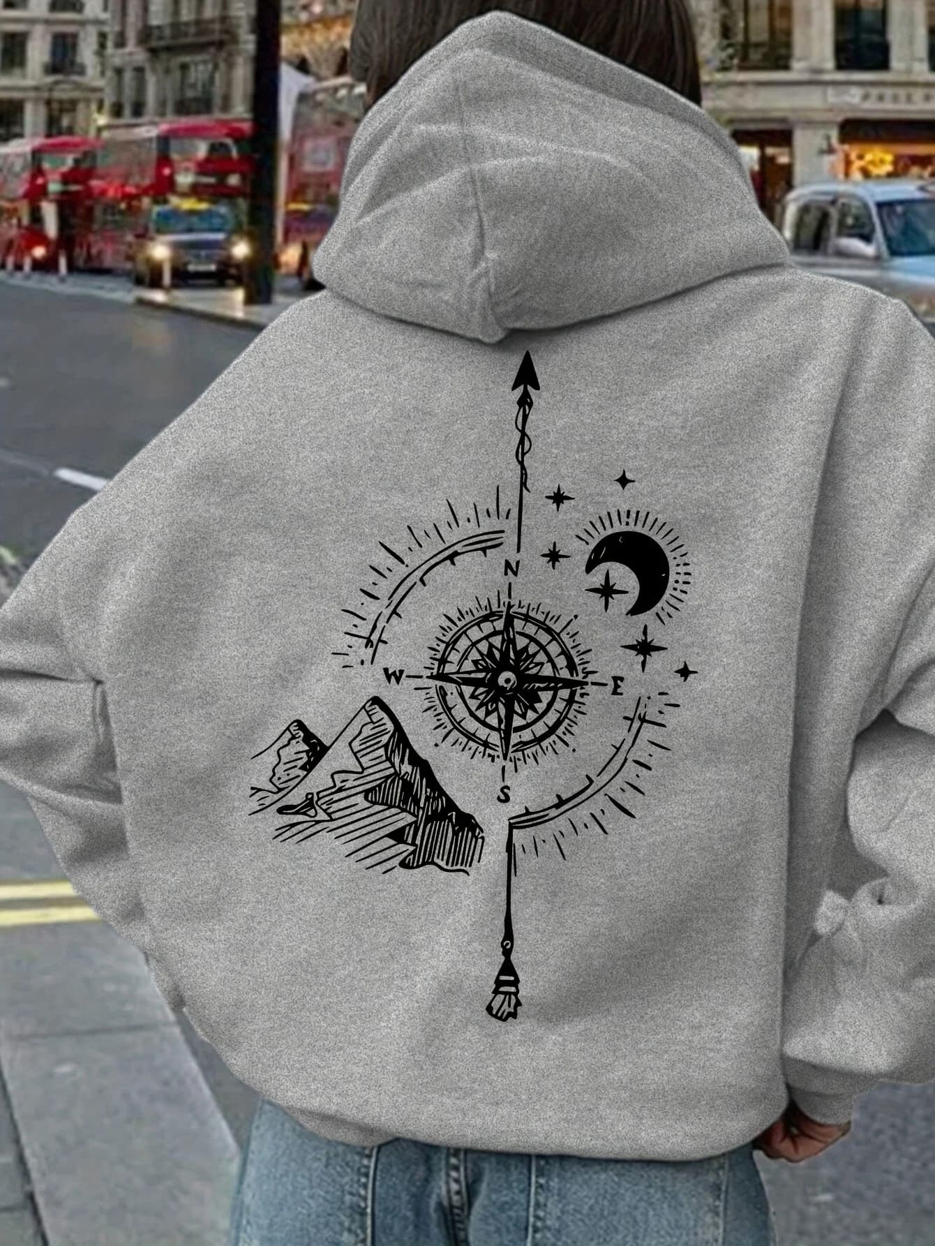 Women Compass Print Hoodie Unisex Autumn Winter Fleece Oversized Hooded Everyday Outdoors Hoodie for Any Occasion