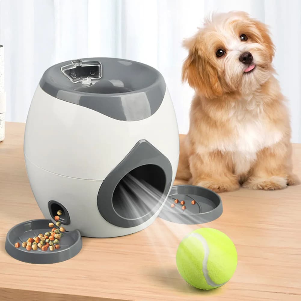 Giocattolo interattivo per cani con puzzle: lancia la palla per ottenere premi, distributore di cibo 2-in-1 e mangiatoia lenta, macchina per premi con cibo a forma di palla da tennis per cani