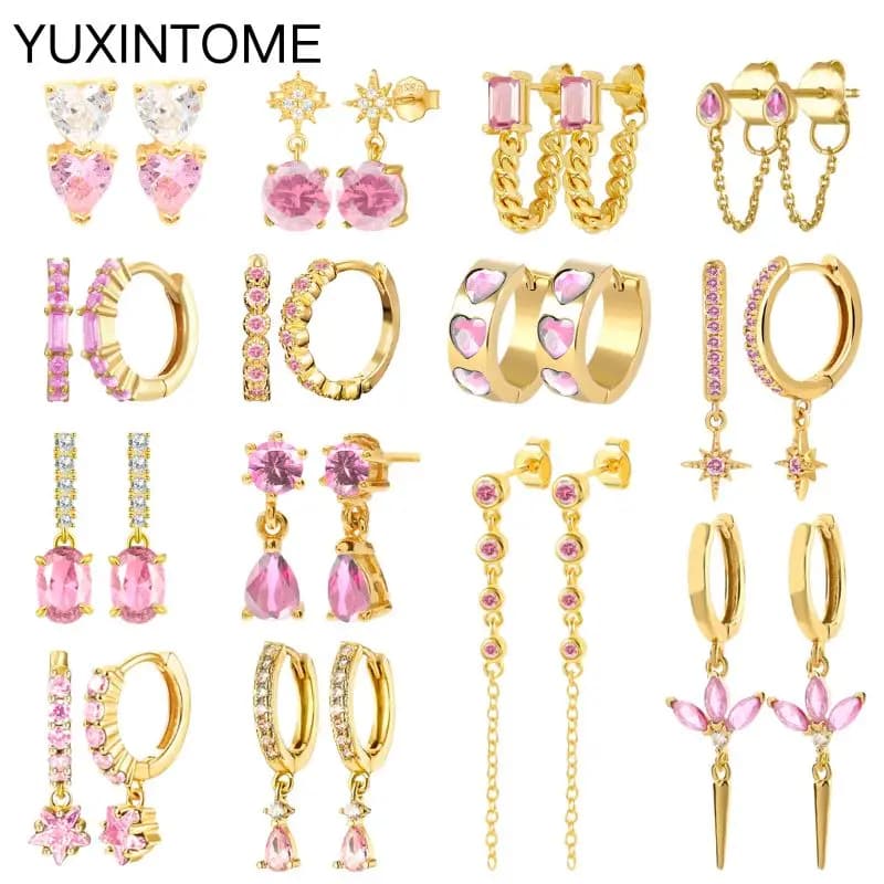 Orecchini a cerchio in cristallo rosa CZ con ago per orecchio in argento Sterling 925 per le donne orecchini in oro con ciondolo smaltato di moda regali di gioielli di lusso