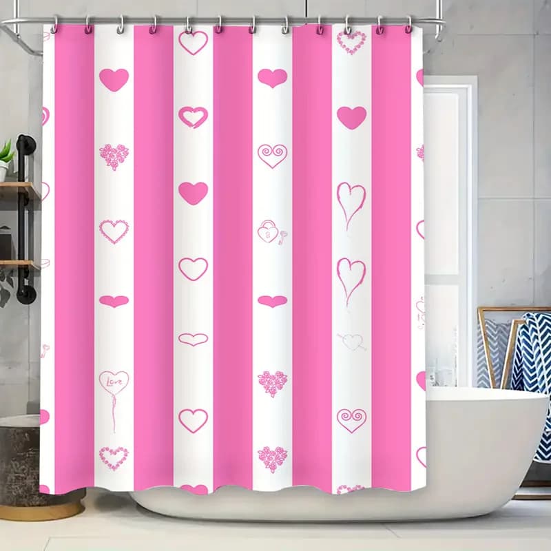 Tenda da doccia a righe bianche rosa con motivo a cuore d'amore per l'arredamento del bagno Set di borse per sapone per shampoo in tessuto impermeabile Accessori per la casa