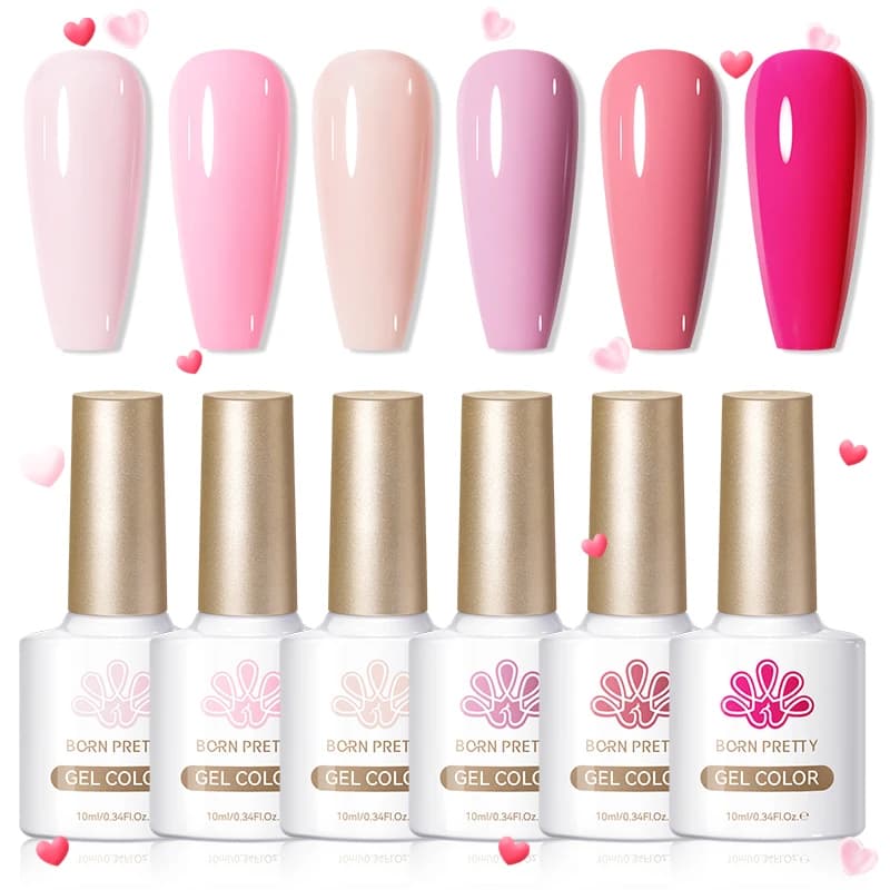 BORN PRETTY Set of 6 Gel Nail Polishes 10ml Pink Transparent Semi-Permanent Soak Off UV LED for Nail Art and Manicure