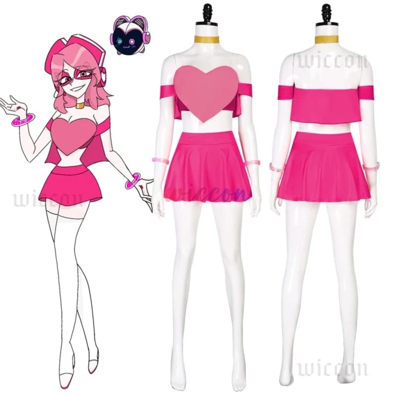 Miss Heed Pink Heart Cosplay Dress Full Set With Glasses Stylish Sexy Outfit For Women Halloween Carnival Party Dress Up