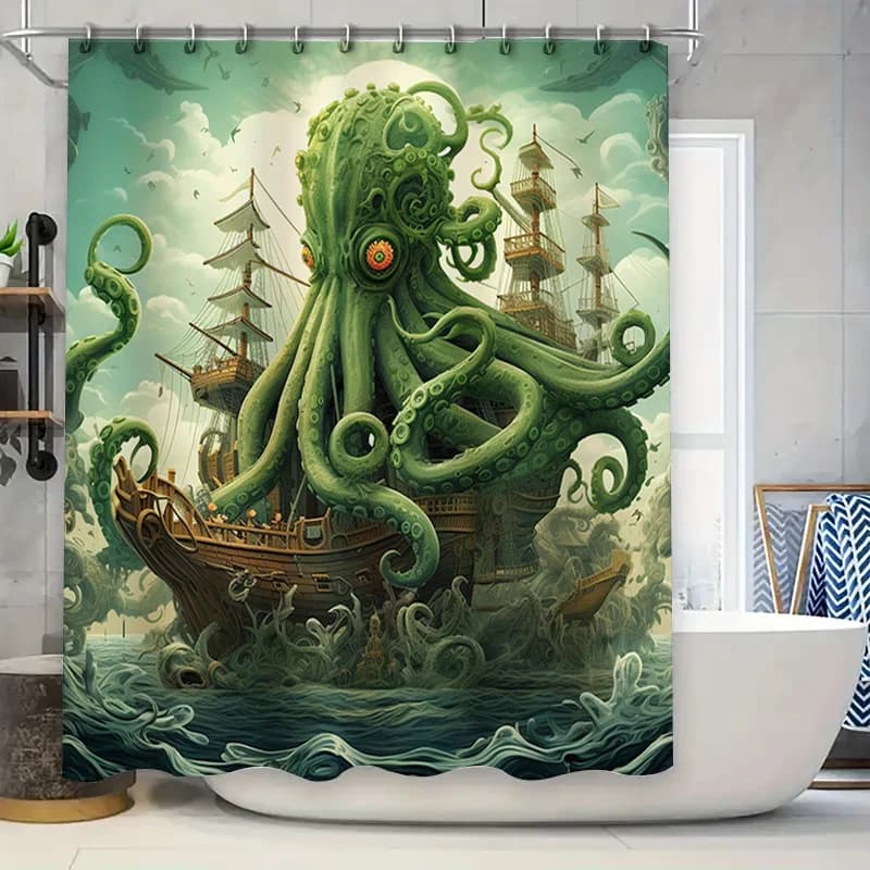 Tenda da doccia per nave polpo Decorazione marina surreale Set tappetino da bagno impermeabile verde blu Accessori per il bagno di casa Idea regalo unica f