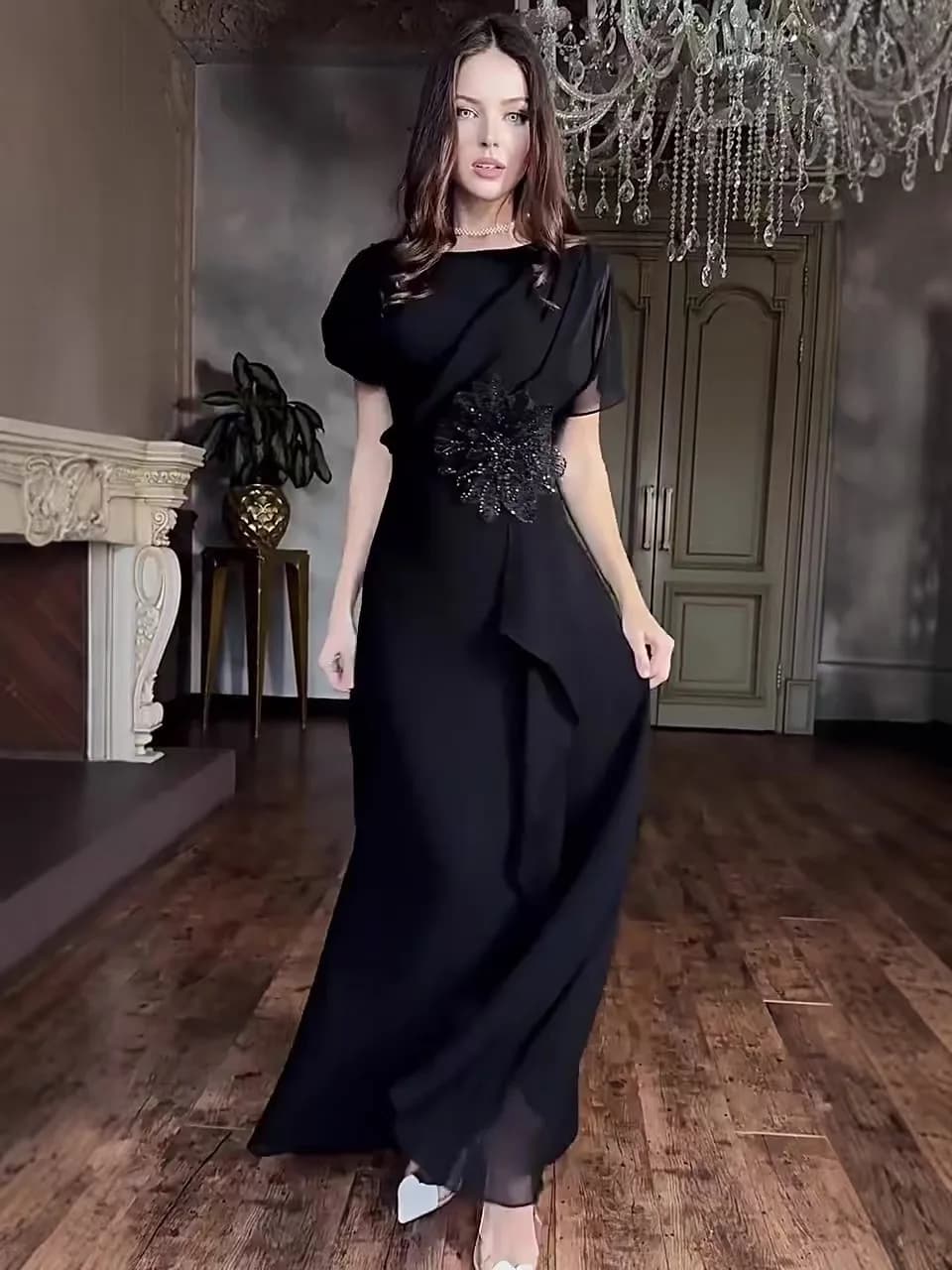 Elegant 3D Flower Short Sleeve Dress round Neck Slim Fit High Waist A-Line Skirt for Party And Daily Wear Elegant Dress