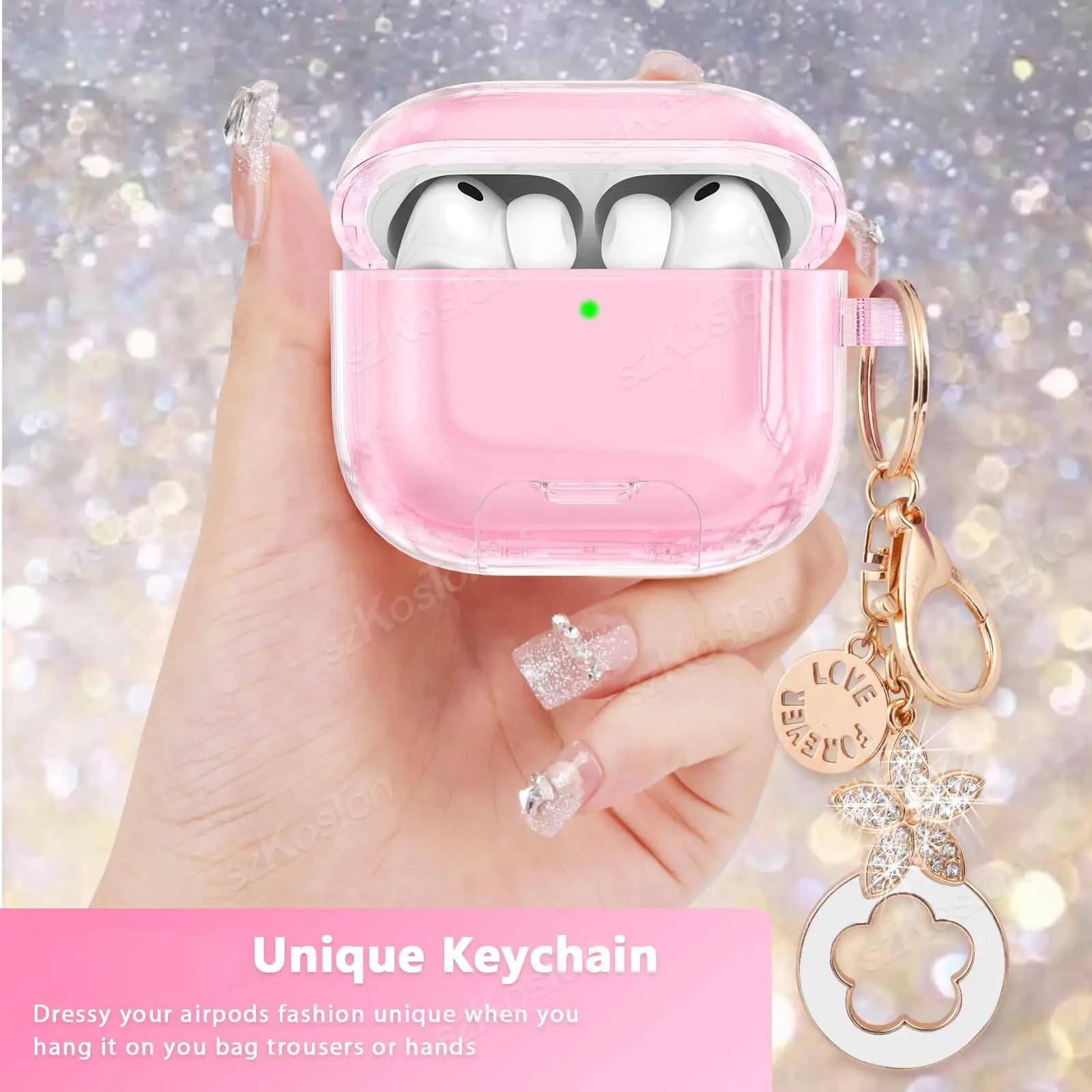 Custodia Protettiva per AirPods Pro 3 con Supporto per Telefono, Guscio Rigido Anti-Caduta, Simpatico Portachiavi Glitterato Bling per Donne e Ragazze
