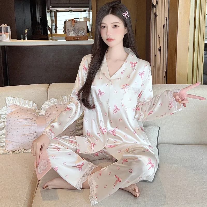 Pigiama da ragazza Pure Desire in stile francese, in seta ghiaccio, sottile per primavera ed estate, a maniche lunghe e pantaloni lunghi, con fiocco jacquard, stile Ins, abbigliamento per la casa