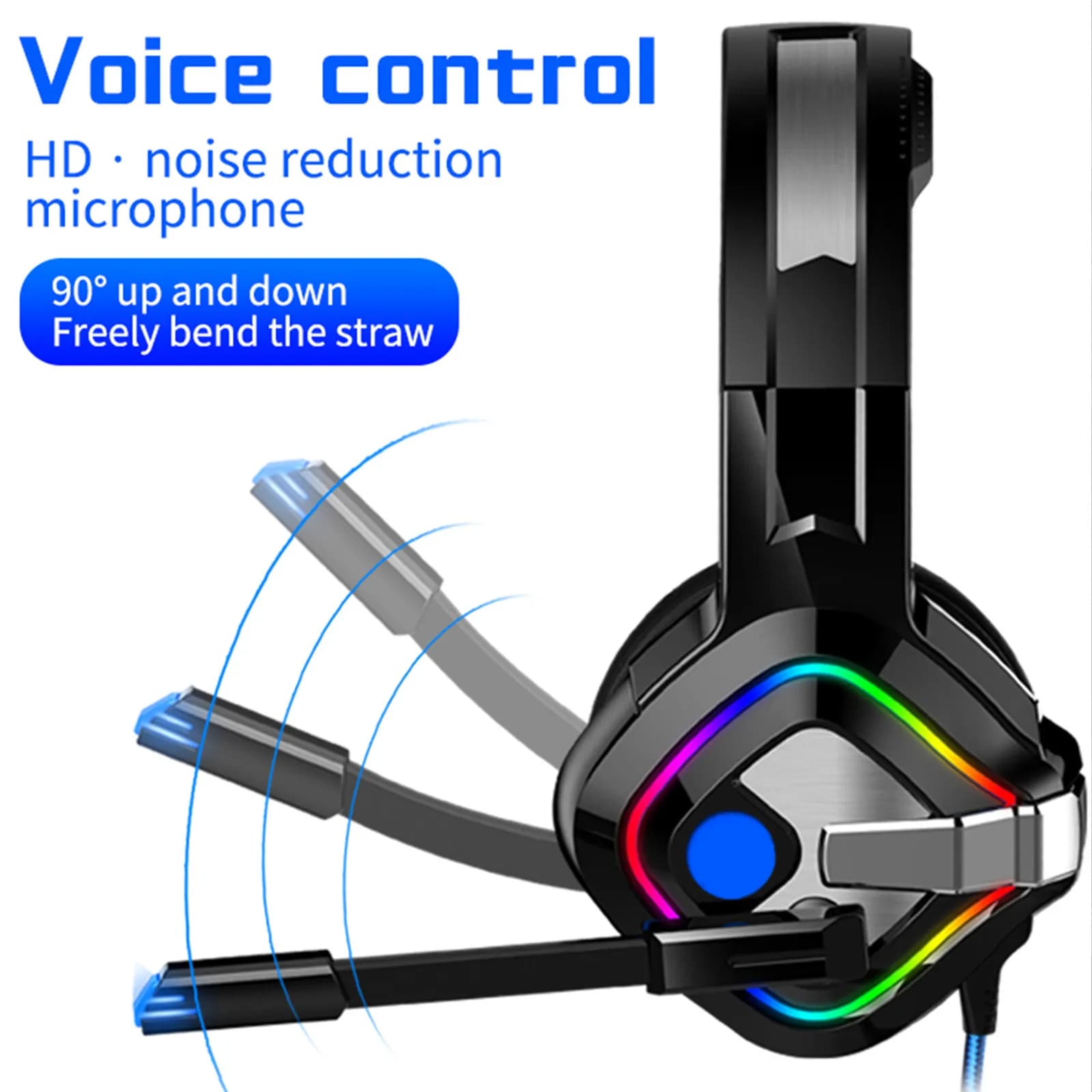 LED Game Headset Blue 50Mm Driver 7.1 Surround Sound Gaming Headphones Rotatable Noise Canceling Rgb Light Wired Game Headphones