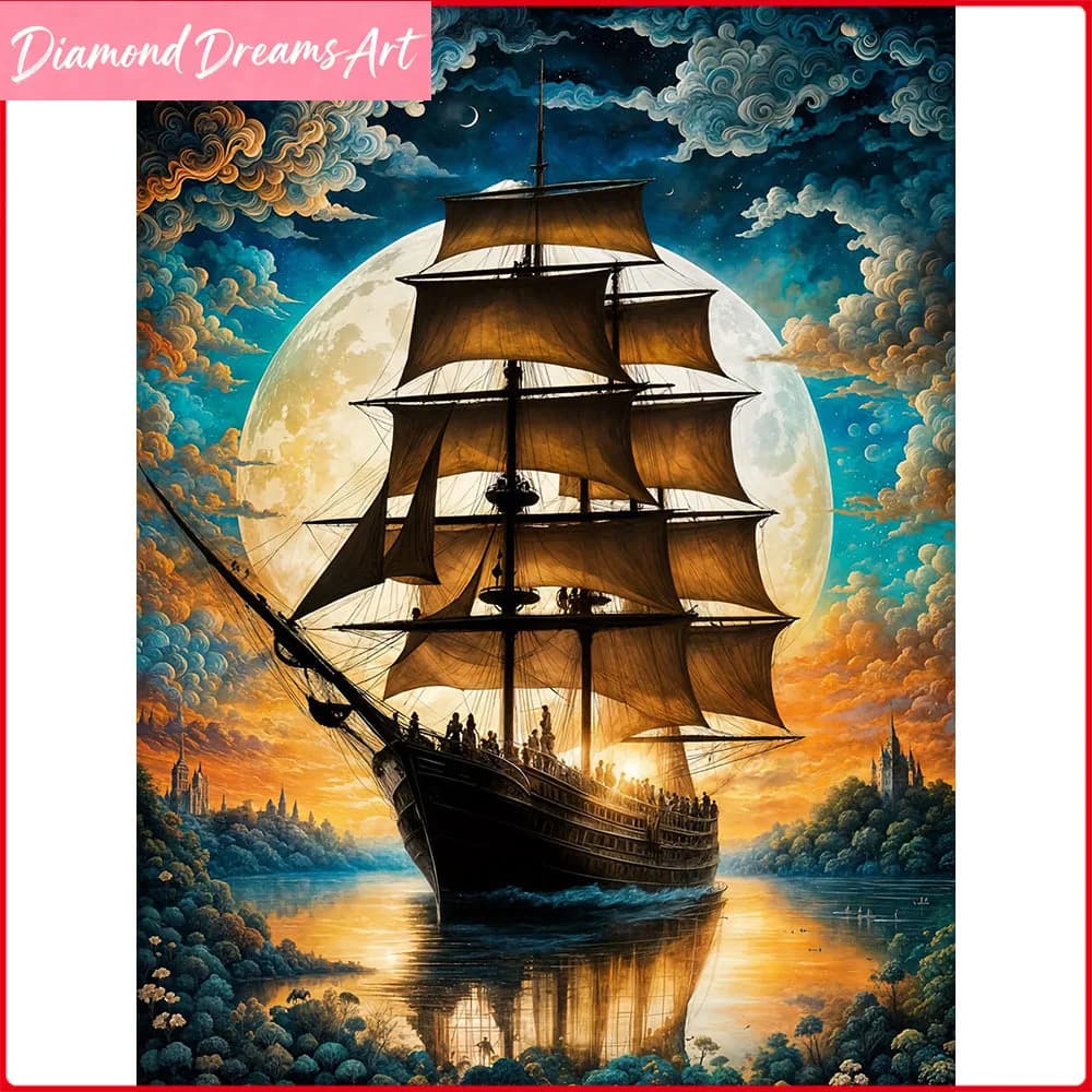 Quadro Diamantato Completo con Diamanti Quadrati e Rotondi, Ricamo Diamantato con Barca a Vela e Luna, Decorazione Murale Artistica Paesaggistica, Senza Cornice