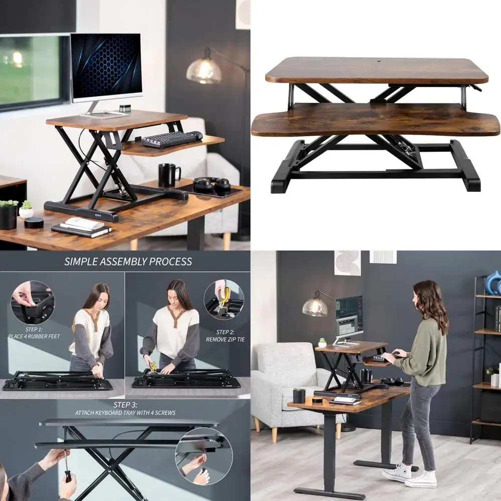 Support for double monitor height adjustable 26 with laptop and keyboard tray, rustic brown top