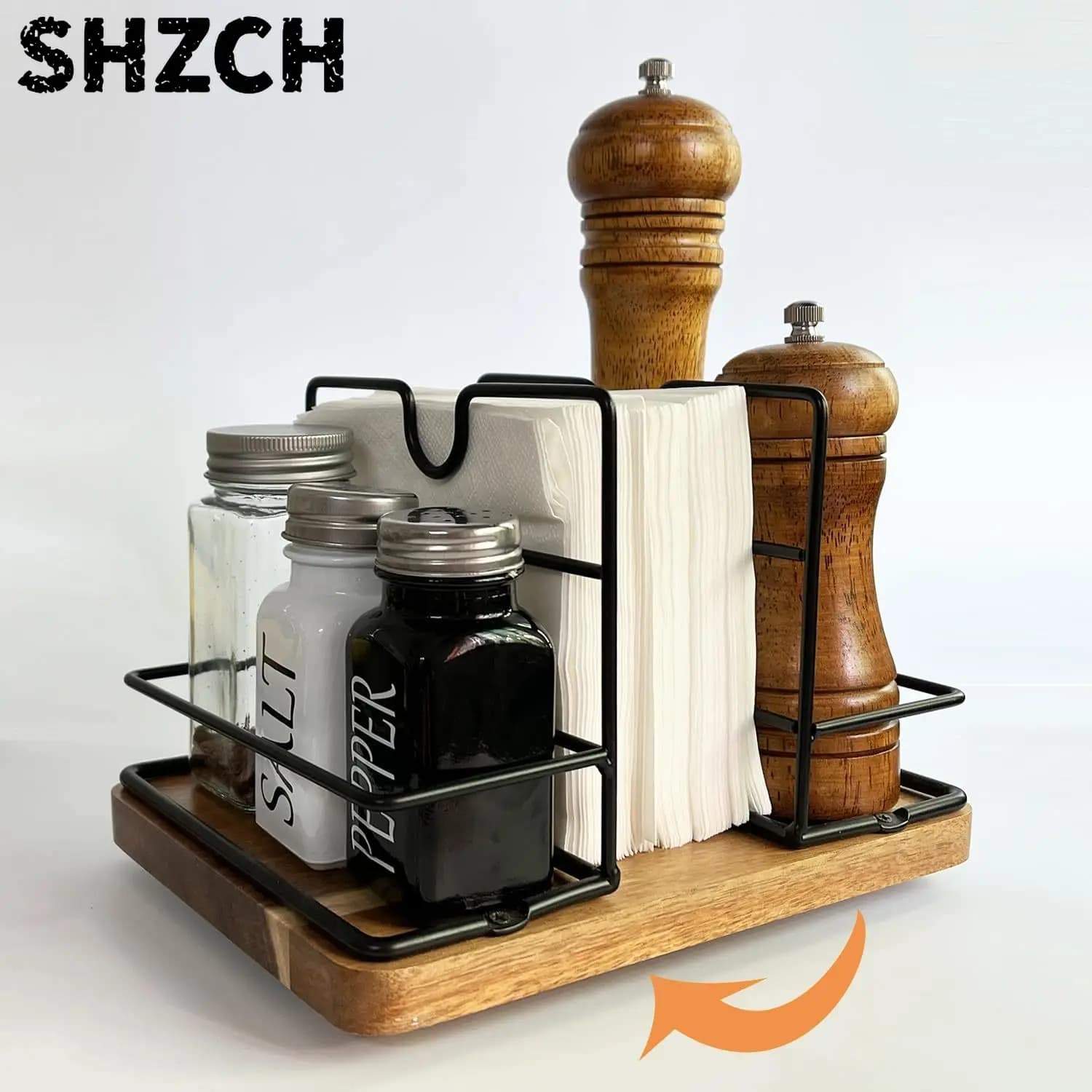 Rotating Wooden Napkin Dispenser, Acacia Kitchen Organizer with Spice Jar Holder, Rustic Dining Table Decor Set, Brown