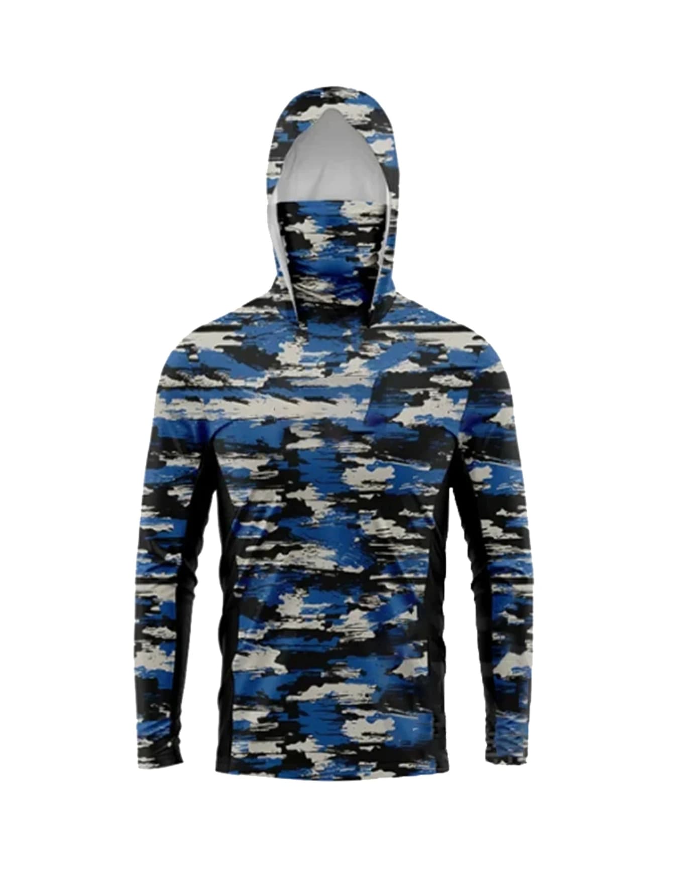 Ocean Blue Digital Brushstroke Camo Men Fishing Hooded Shirt Built-in Face Cover Sun Protection Quick-Dry Long Sleeve Tops