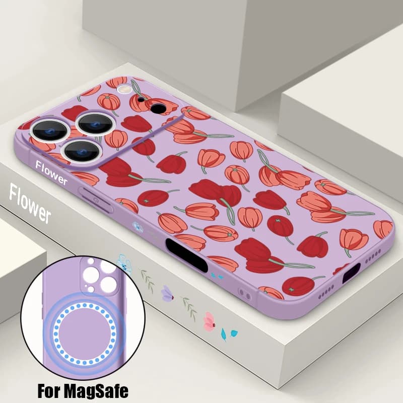 Custodia Magnetica Morbida con Stampa Floreale a Tulipano per iPhone 17e 17 16 15 14 13 Pro Max 16e 13 Compatibile con Ricarica Wireless MagSafe