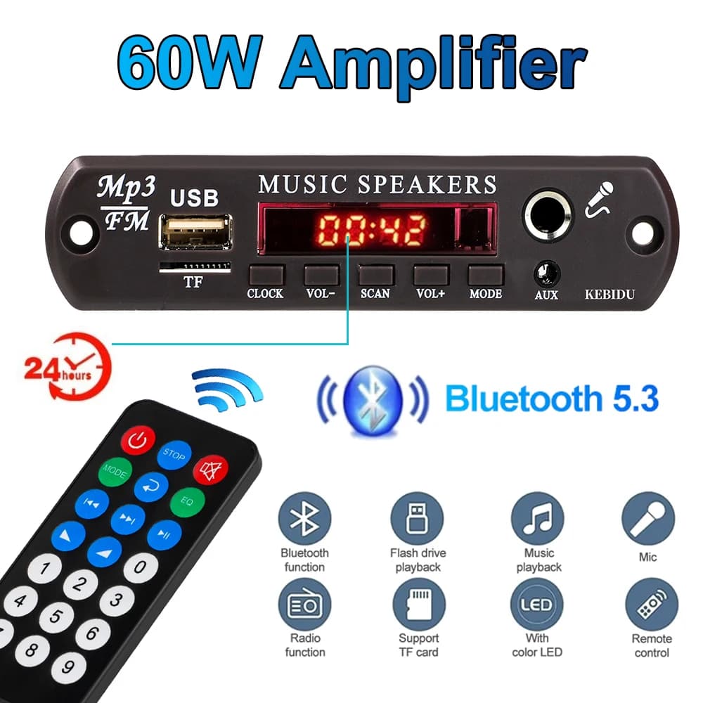 DC 12V Bluetooth 5.3 MP3 WMA APE Scheda di decodifica 60W Amplificatore Orologio Visualizzazione dell'ora 6.5MM Mic Jack USB TF FM Radio Lettore Mp3 per auto