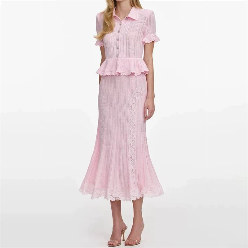 New Summer Women's Lace-Trimmed Short-Sleeve Knitted DressY2K High-Quality Fashionable Casual Faux Two-Piece Fishtail Maxi Dress