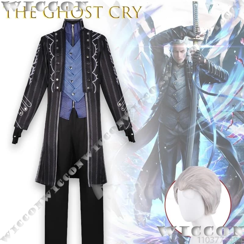 ‌ ‌ ‌ ‌ ‌ ‌ ‌ ‌ ‌ Il fantasma crudelia Vergil Costume Cosplay Trench Coat Halloween Anime Outfit Performance Halloween Carnevale Abito da uomo Gilet ‌ ‌