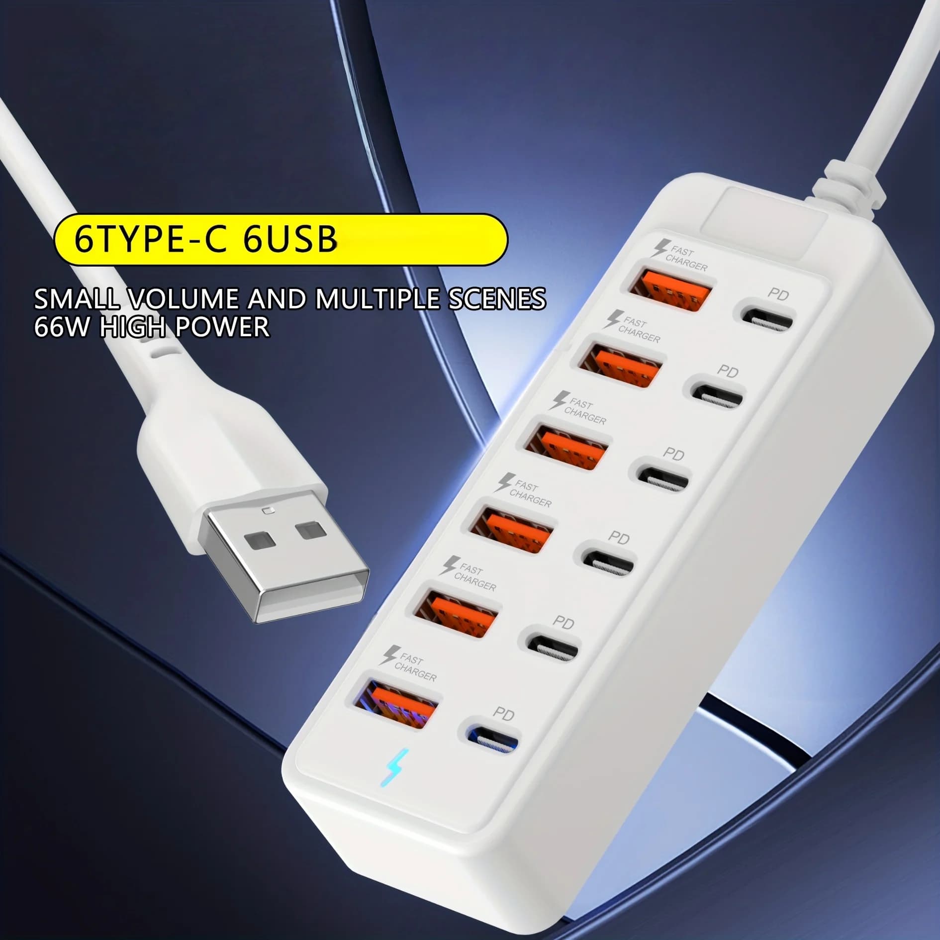 Caricatore USB a 6 Porte con Ricarica Rapida, Adattatore di Alimentazione con Indicatore LED, Caricatore Multi-Porta USB A e Tipo C per Telefoni Cellulari, Viaggi, Casa e Ufficio