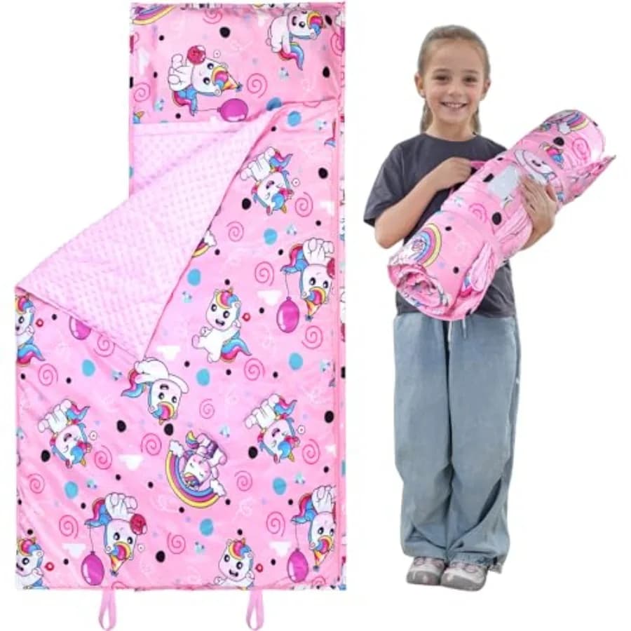 Tappetino per il Sonno dei Bambini con Cuscino e Coperta in Minky, Grande 54.7''x33.4'', Sacco a Pelo Lavabile e Arrotolabile per Bambini e Bambine