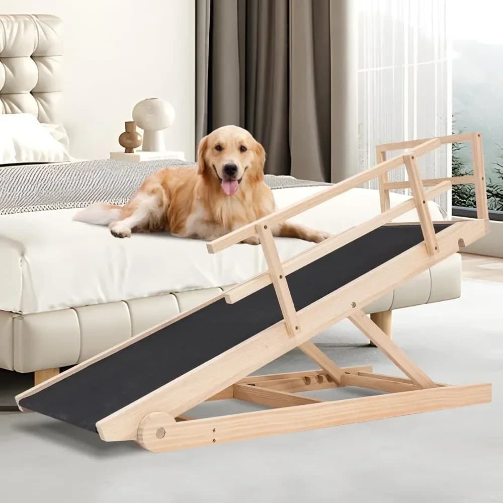Rampa Pieghevole in Legno Extra Lunga per Cani, Tappetino Antiscivolo in Gomma, 160 cm per Letto Alto/Divano/Auto, Rampa per Animali Domestici Regolabile su 5 Livelli, 45 cm Extra