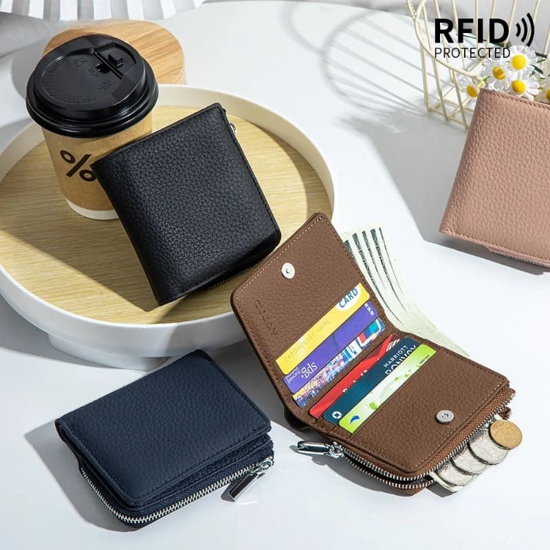 Ladies Genuine Leather Short Bifold Wallet RFID Blocking Zipper Coin Purse Multi‑Card Holders Cash Storage Magnetic Female Purse