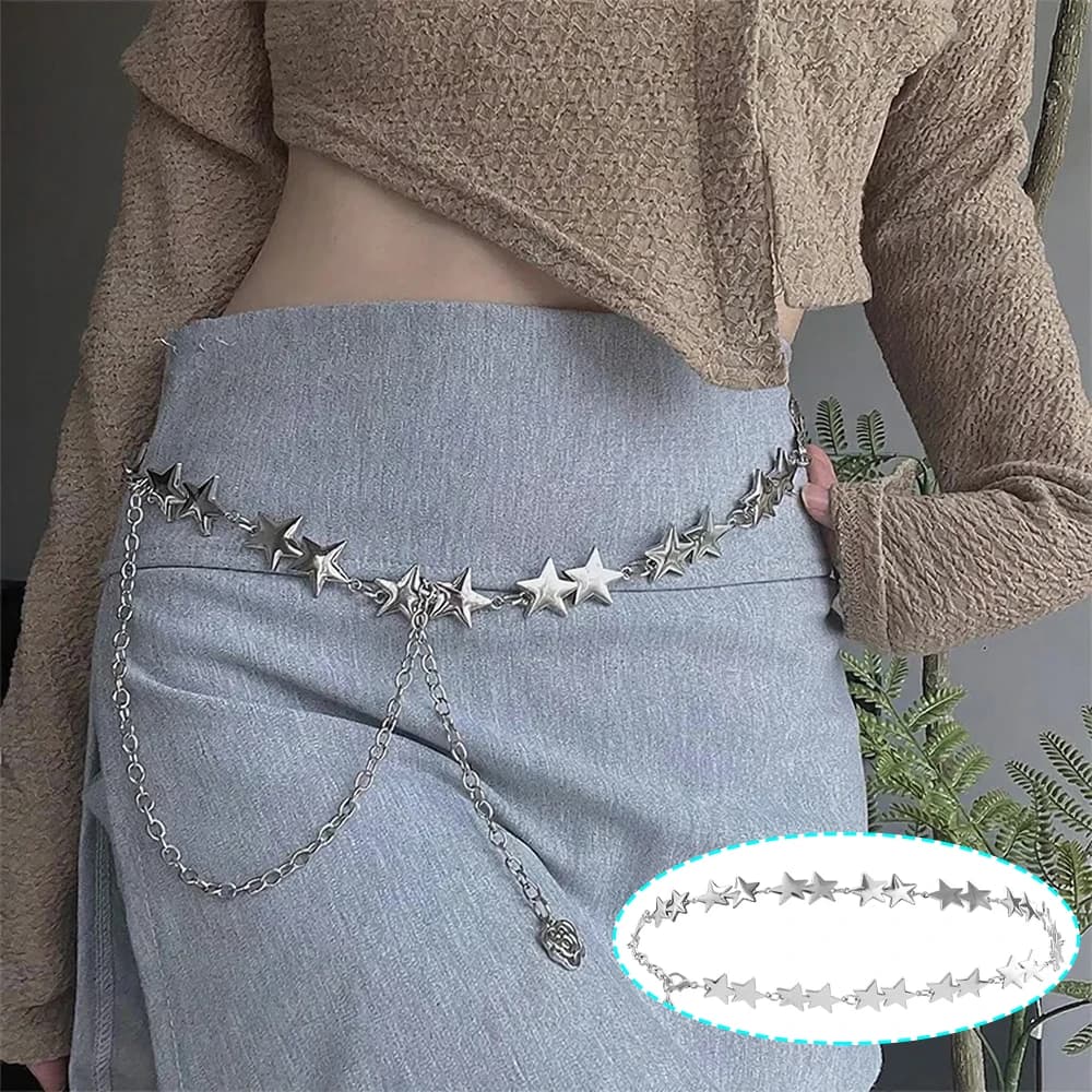 Cintura a Catena con Stelle Argentate di Lusso, Stile Punk Gotico Y2K, Accessorio Decorativo per Abiti e Camicie da Donna