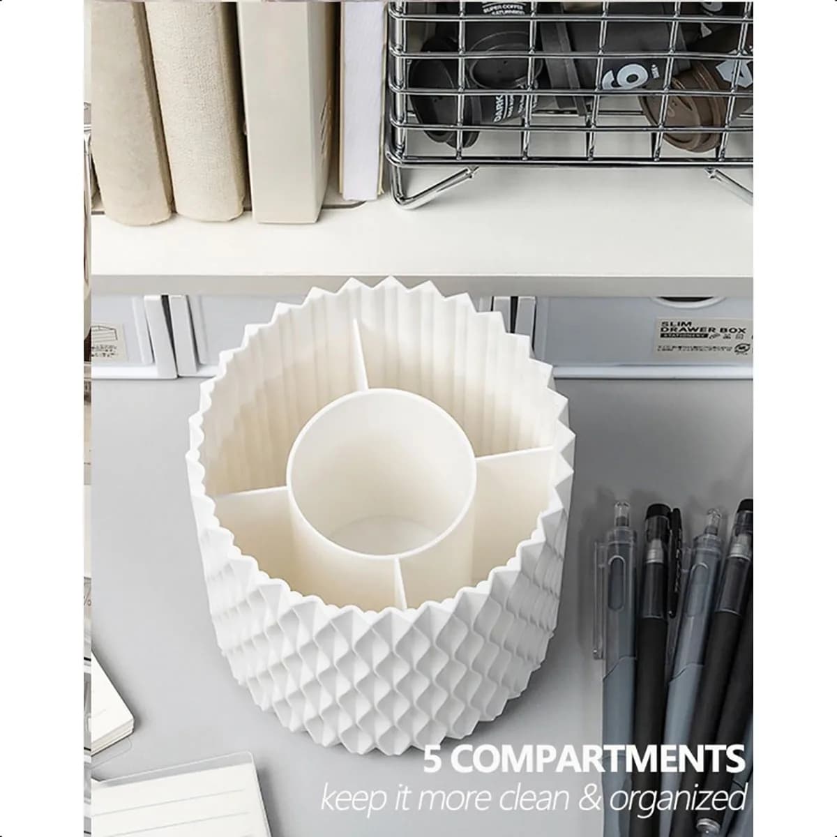 Portapenne girevole per scrivania Organizzatore da scrivania bianco unico a 5 slot Forniture e accessori da scrivania estetici per penna da donna e ragazza