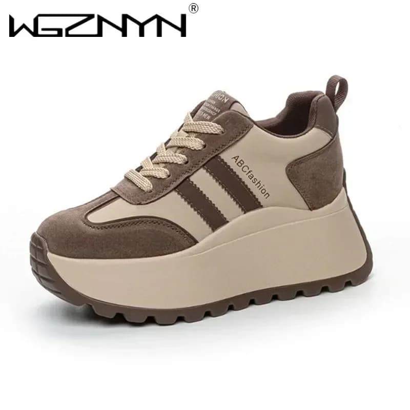 2026 Scarpe sportive casual da donna con zeppa antiscivolo con suola spessa 8CM Moda Sneaker da donna con punta tonda con lacci per escursionismo all'aperto