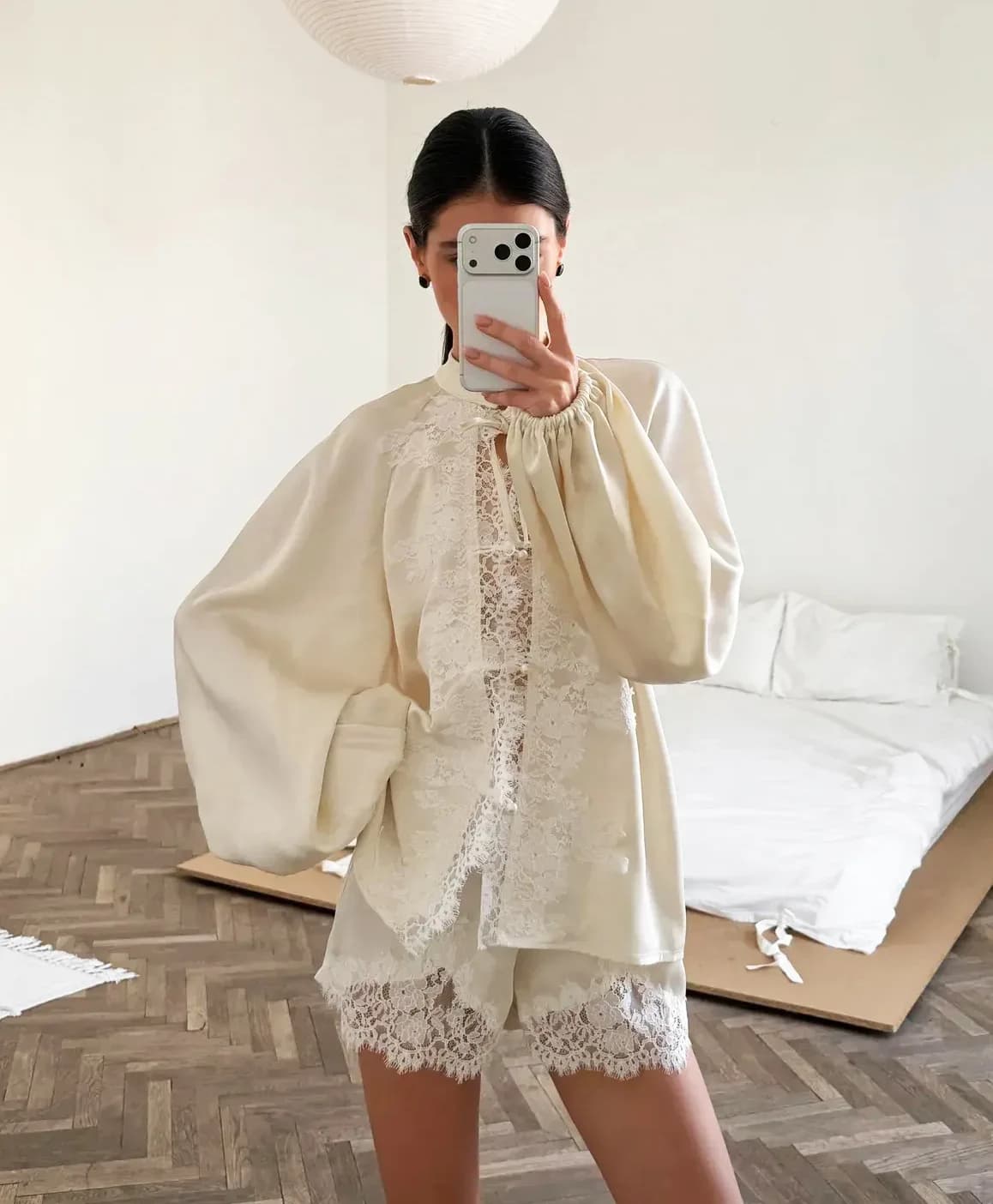 Siren Chic Elegant Satin Apricot Lace Shorts Suit Pajamas 2026 Casual Button Up Shirt With Elastic Waist Shorts Loose Soft Sleep