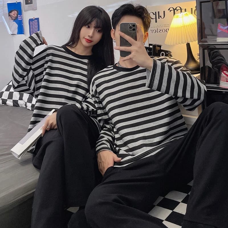 Pigiama da uomo in cotone taglie forti Pantaloni a maniche lunghe a righe autunno e inverno Set da 2 pezzi Indumenti da notte Abbigliamento casual traspirante per la casa