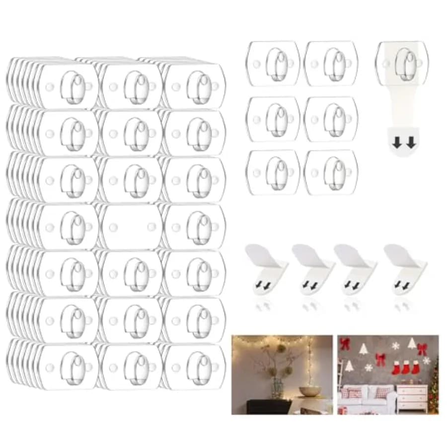 7-Packs Indoor Mini Light Clips, Damage Free Hanging Christmas String Light Hooks with Adhesive Strips, Clear Wall Clips for Ha