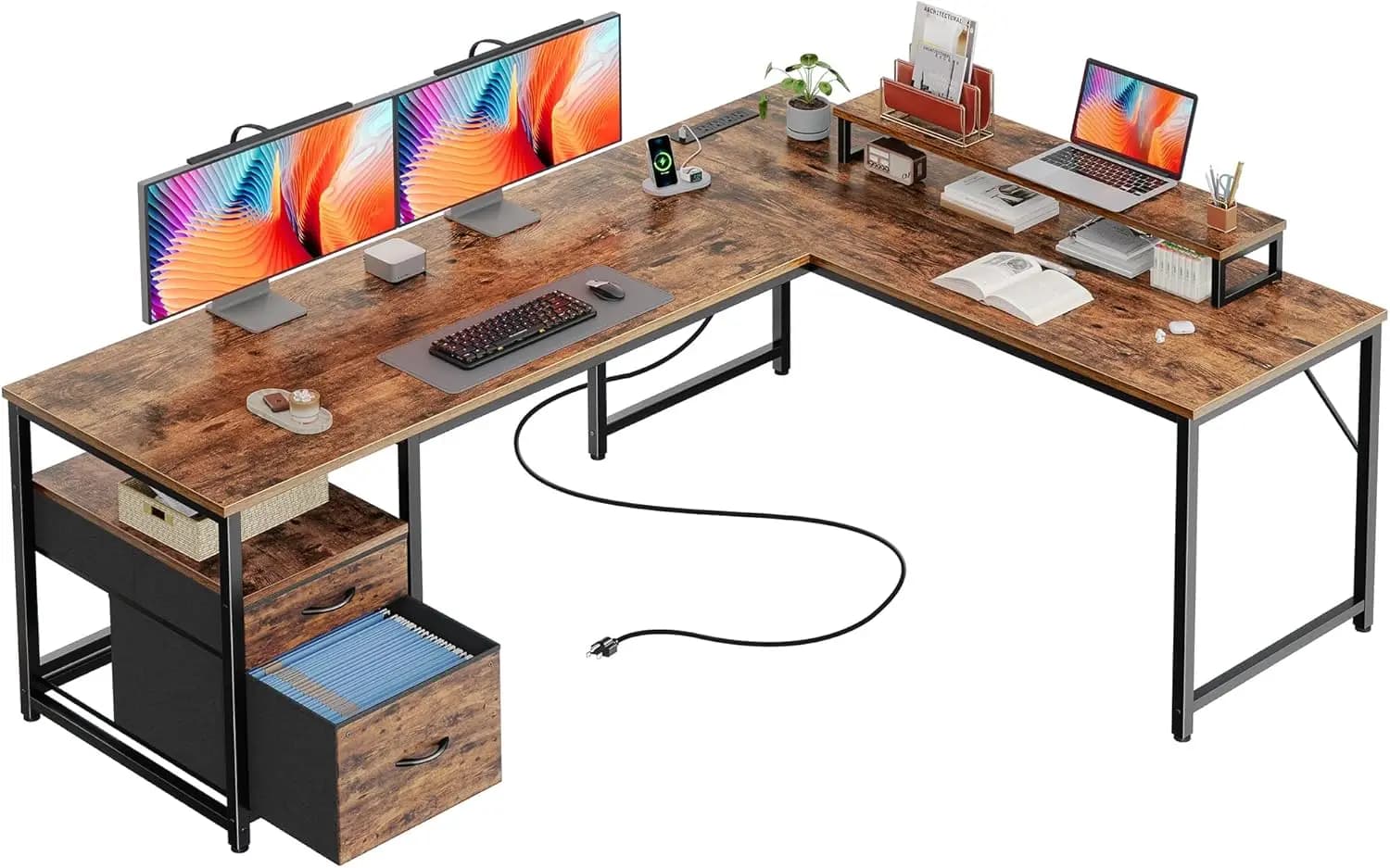 Scrivania a L da 63 Pollici con Prese di Corrente, Porte USB, Cassetti Portadocumenti e Supporto Monitor Mobile per Ufficio Domestico