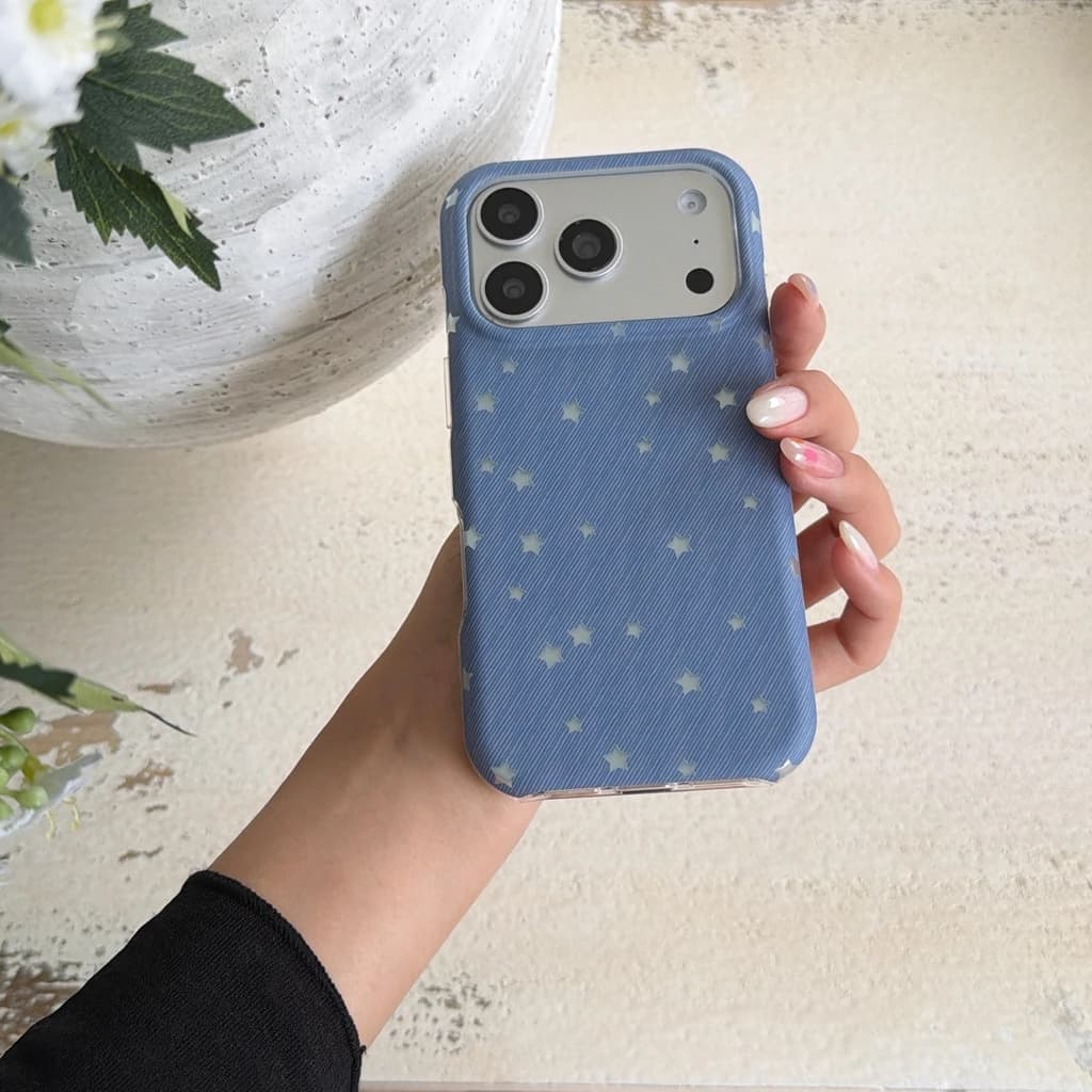 Casual Simple Blue Denim Texture Star Pattern Matte Shockproof Protective Phone Cover Case for iPhone 17 16 15 14 Pro Max