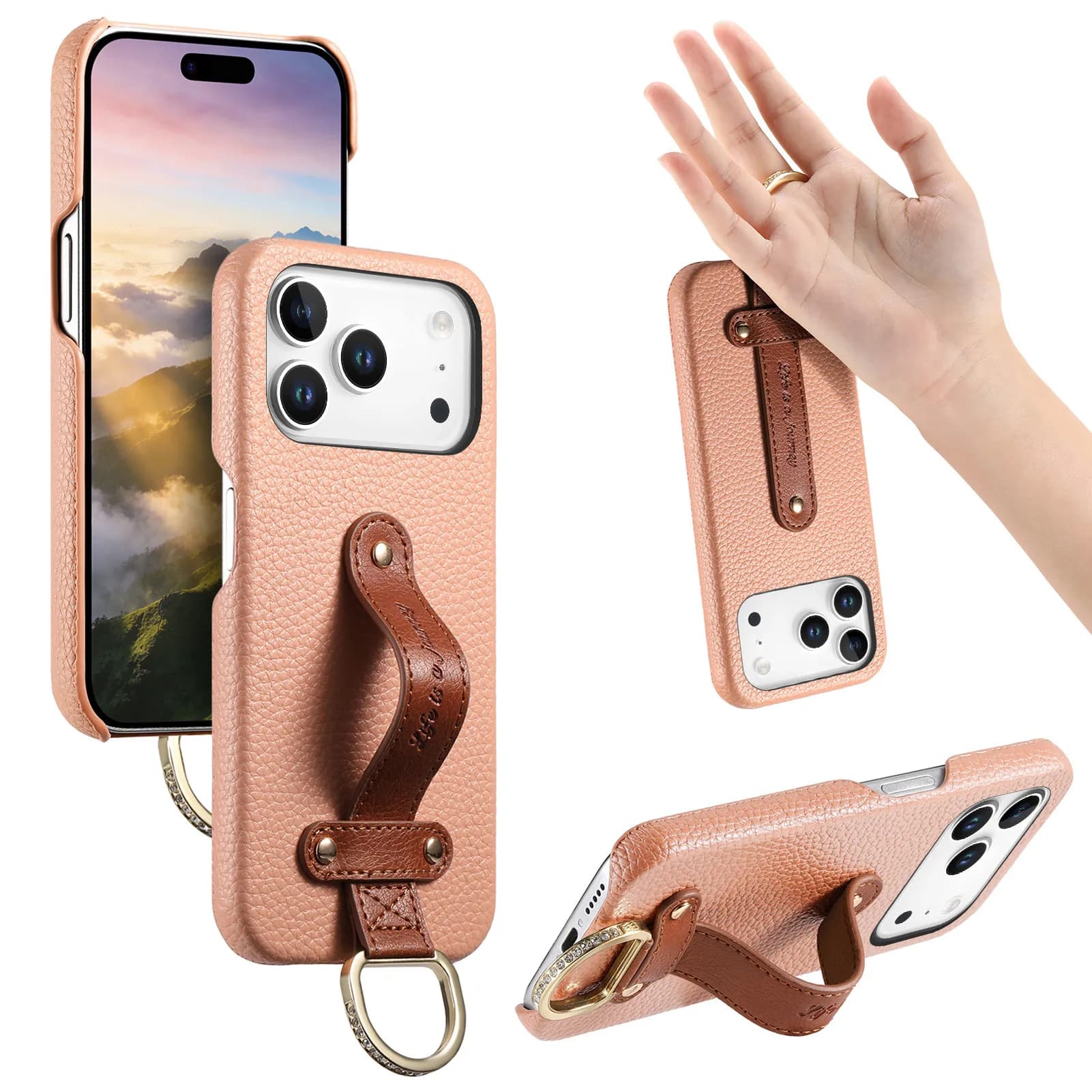 Custodia per telefono in pelle testurizzata Lychee alla moda con anello da polso per iPhone 17 Pro Max 16 Plus 15 14 13 12, antiurto e portatile
